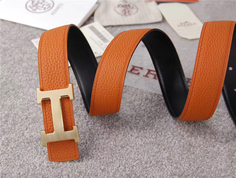 愛馬仕腰帶 Hermès 愛馬仕原單腰帶 經典H拉絲扣頭 海外進口荔枝紋帶條 橙色