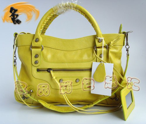 084331 BALENCIAGA時(shí)尚女包 巴黎世家機(jī)車(chē)包 黃色牛皮手提包 斜挎包 流蘇