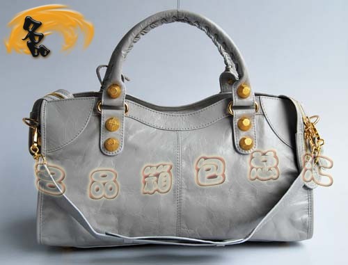 084328B BALENCIAGA 巴黎世家 機車包 金釘 灰白色牛皮時尚休閑女包