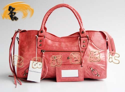 084328 巴黎世家新款粉紅色牛皮時尚女士斜挎包 經典機車包 BALENCIAGA手提包