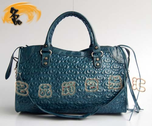 084932 巴黎世家新款寶藍色刺繡系列時尚女士手提包 BALENCIAGA斜挎包 機車包