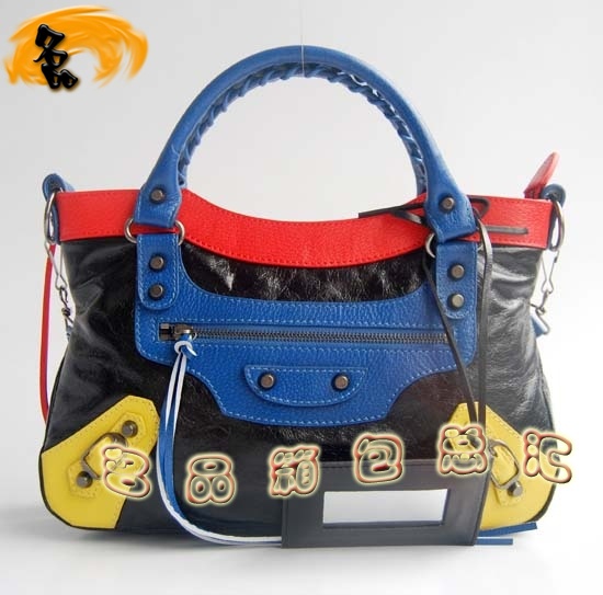 084331 巴黎世家女包 新款拼色頭層牛皮女士機車包 Balenciaga手提包 單肩包 黑色