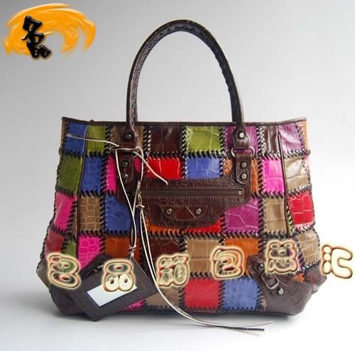 084610 Balenciaga最新款 拼色牛皮鱷魚紋時(shí)尚女士手提包 巴黎世家女包 深啡色