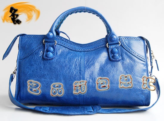084828 1:1品質(zhì) Balenciaga機(jī)車包 女士單肩包 巴黎世家羊皮花邊皮釘手提包 藍(lán)色