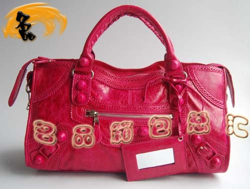 084828 1:1品質 Balenciaga機車包 女士單肩包 巴黎世家羊皮花邊皮釘手提包 桃紅色