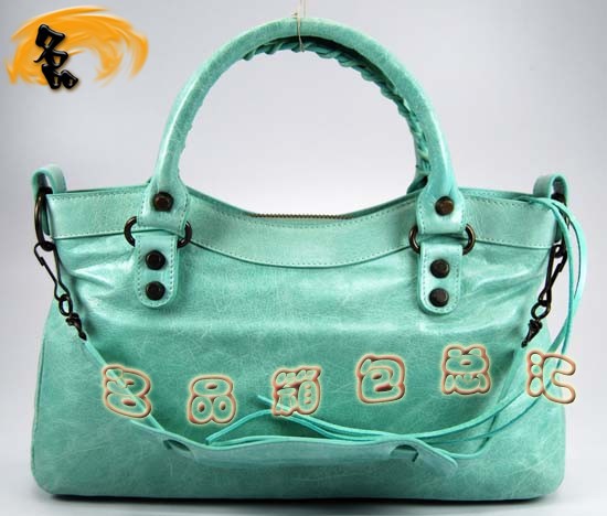 103208 巴黎世家單肩包 Balenciaga機(jī)車(chē)包 進(jìn)口油皮時(shí)尚女包 手提包 湖水藍(lán)色