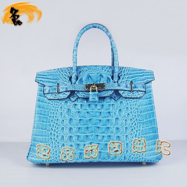 6088 愛馬仕女包 Hermes手提包 Hermes Birkin 鉑金包 鱷魚頭紋(30) 淺藍色金扣