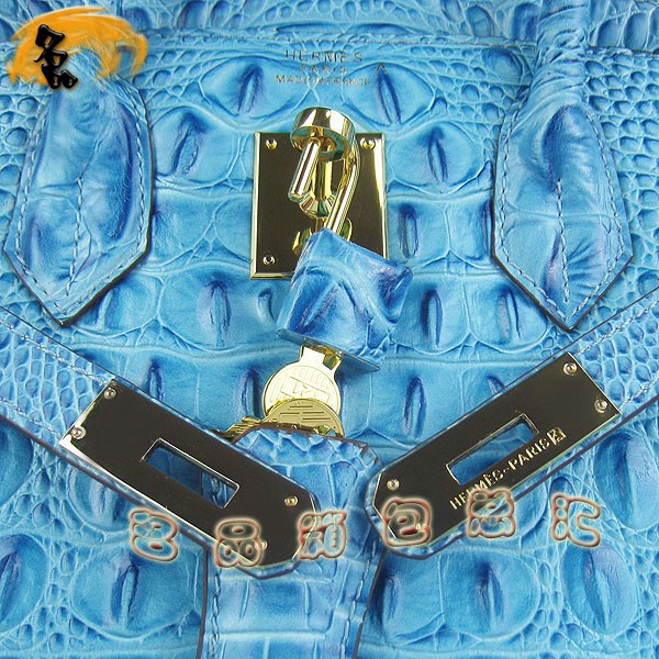 6088 愛馬仕女包 Hermes手提包 Hermes Birkin 鉑金包 鱷魚頭紋(30) 淺藍色金扣