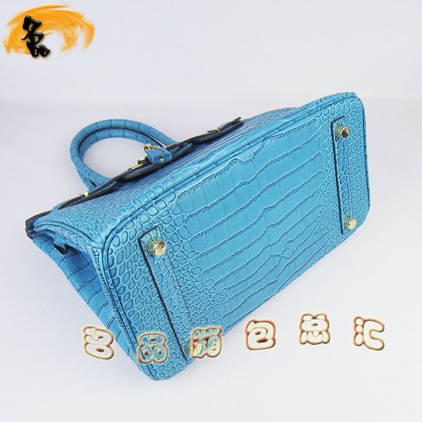 6088 Hermes Birkin 鉑金包 Hermes手提包 愛馬仕女包 鱷魚紋(30) 中藍(lán)色金扣