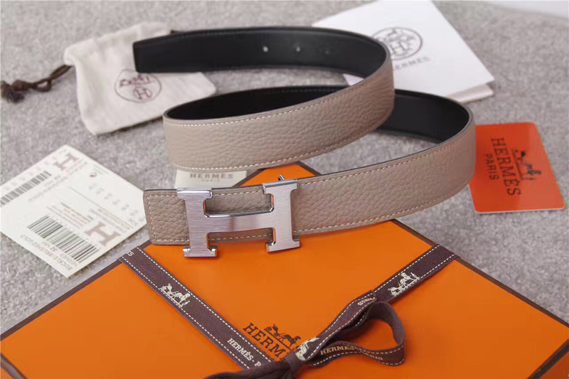 愛馬仕腰帶 Hermès 愛馬仕原單腰帶 經典H拉絲扣頭 海外進口荔枝紋帶條 淺灰