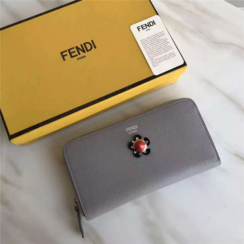 FENDI 芬迪 小牛皮CRAYONS 2017新款 裝飾雙色皮革花朵長(zhǎng)款錢包 灰色