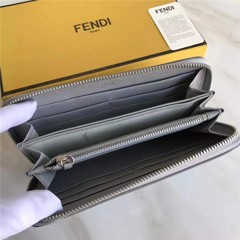 FENDI 芬迪 小牛皮CRAYONS 2017新款 裝飾雙色皮革花朵長(zhǎng)款錢包 灰色