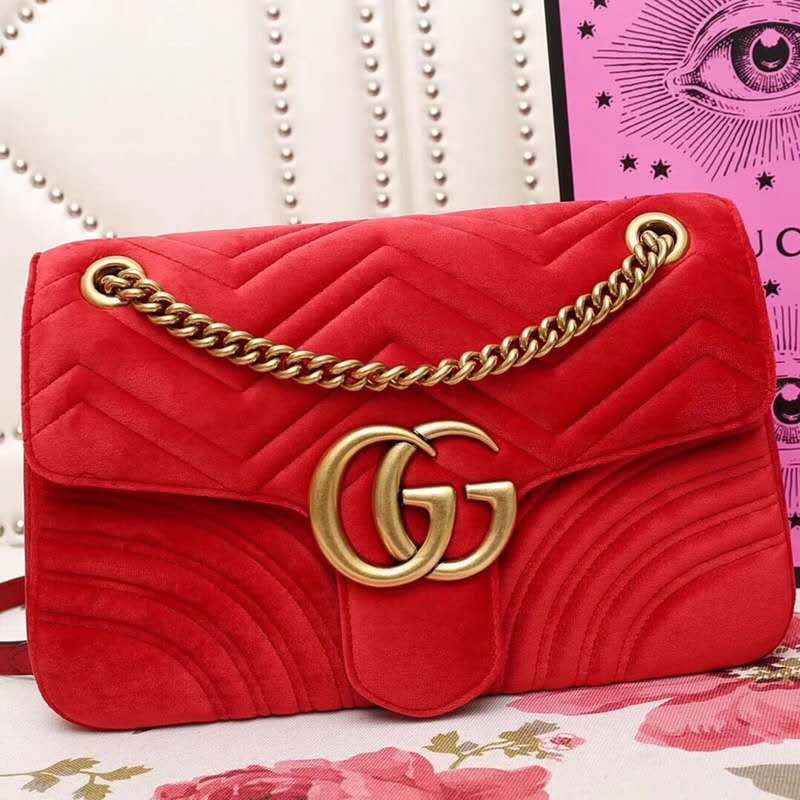 443496 Gucci女包 GG Marmont系列 天鵝絨 大號 古馳鏈條包 Gucci斜挎包 芙蓉紅
