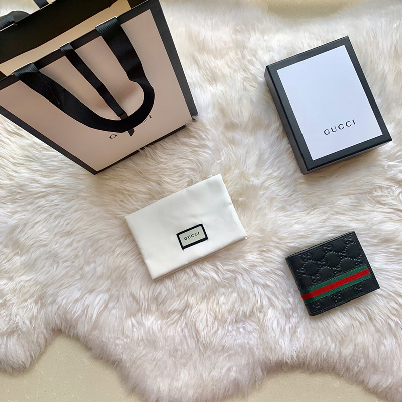 365491 GG Supreme Signature織帶裝飾壓花牛皮短款短夾 黑色