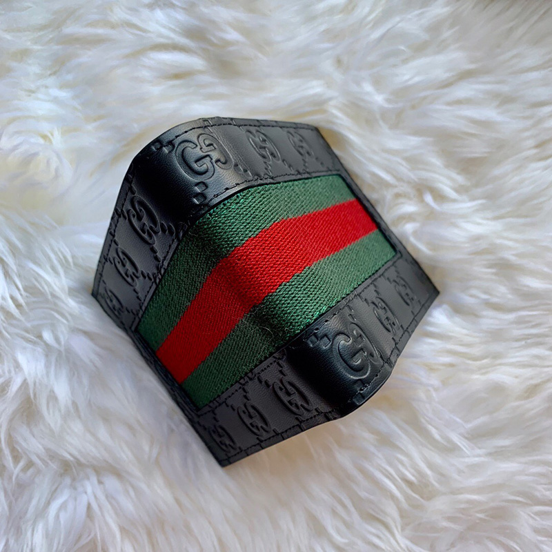 408827 GUCCI 古馳 男士黑色牛皮紅綠條紋雙G壓紋短款錢包