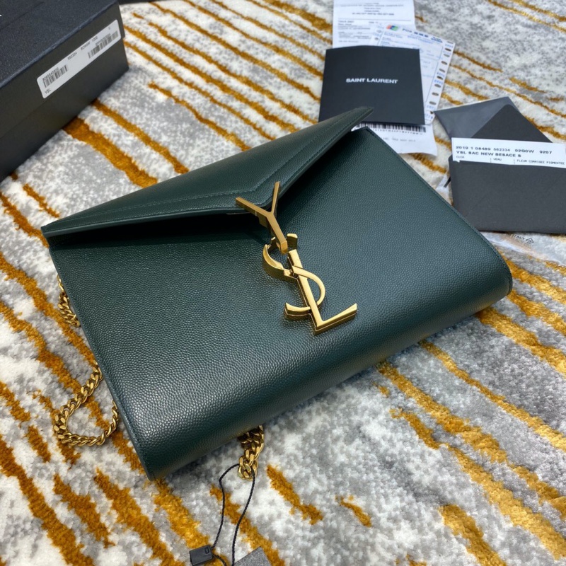 582334 YSL圣羅蘭 CASSANDRA 粒面壓花真皮鏈條錢包 YSL信封包 墨綠色