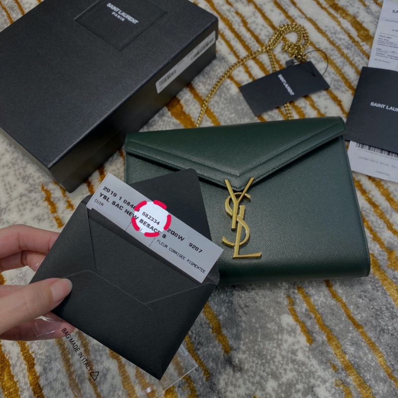 582334 YSL圣羅蘭 CASSANDRA 粒面壓花真皮鏈條錢包 YSL信封包 墨綠色