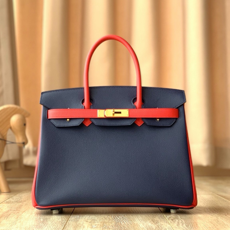 Hermes Birkin系列 愛馬仕鉑金包 純手工定制版 30cm EPSOM皮 藍拼紅色