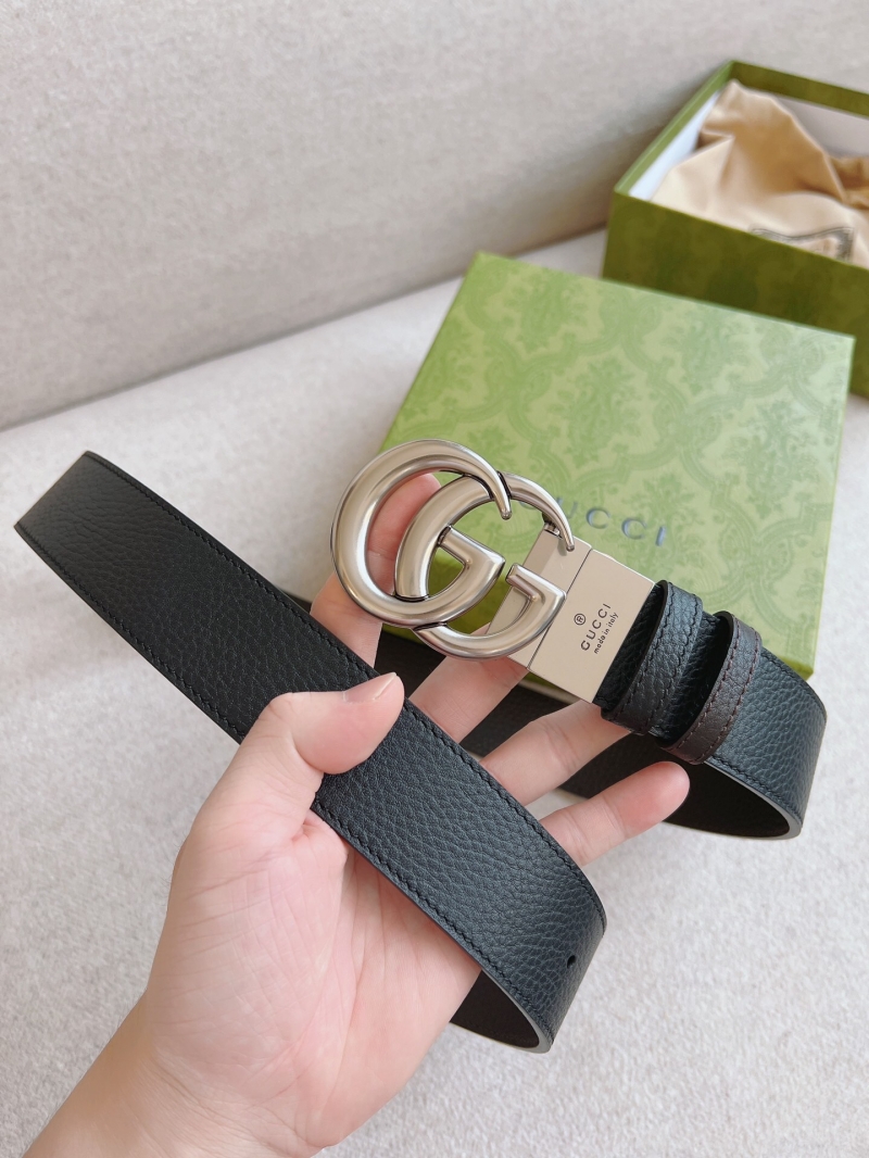 627055 Gucci 雙G帶扣雙面腰帶 GG Marmont系列黑色男士皮帶 銀扣