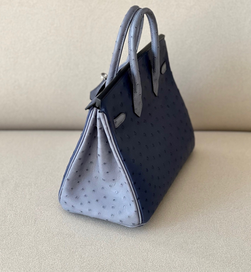 愛(ài)馬仕Hermes Birkin25 愛(ài)馬仕鉑金包 純手工定制版 鴕鳥(niǎo)皮 藍(lán)色瑪瑙灰拼色