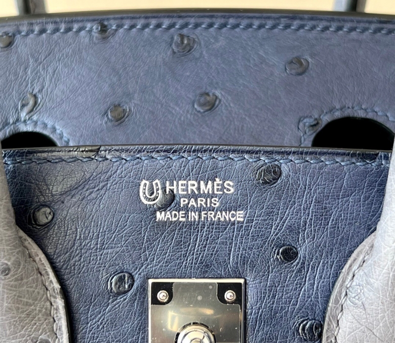 愛(ài)馬仕Hermes Birkin25 愛(ài)馬仕鉑金包 純手工定制版 鴕鳥(niǎo)皮 藍(lán)色瑪瑙灰拼色