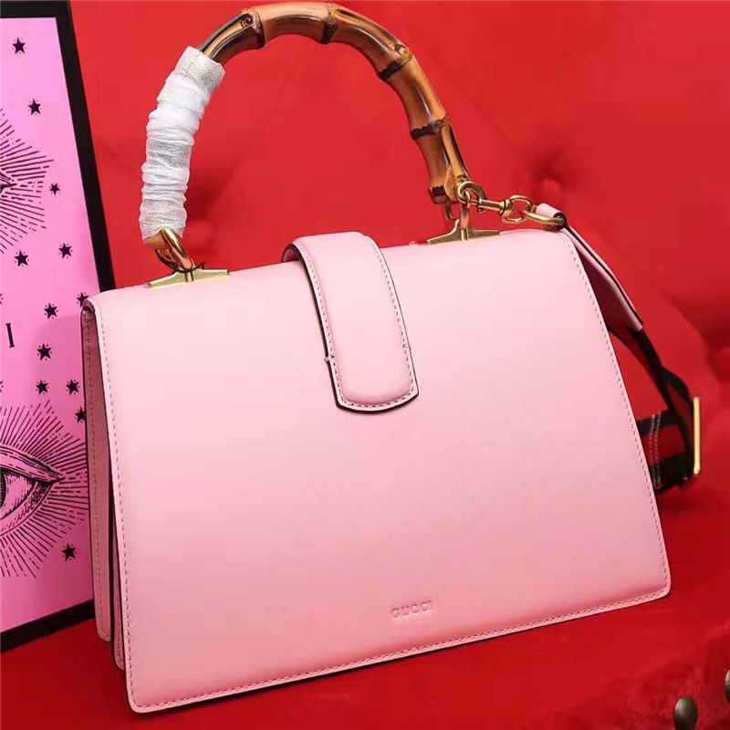 GUCCI 2017秋冬女士手袋 酒神包 竹節提手 手工刺繡 粉色