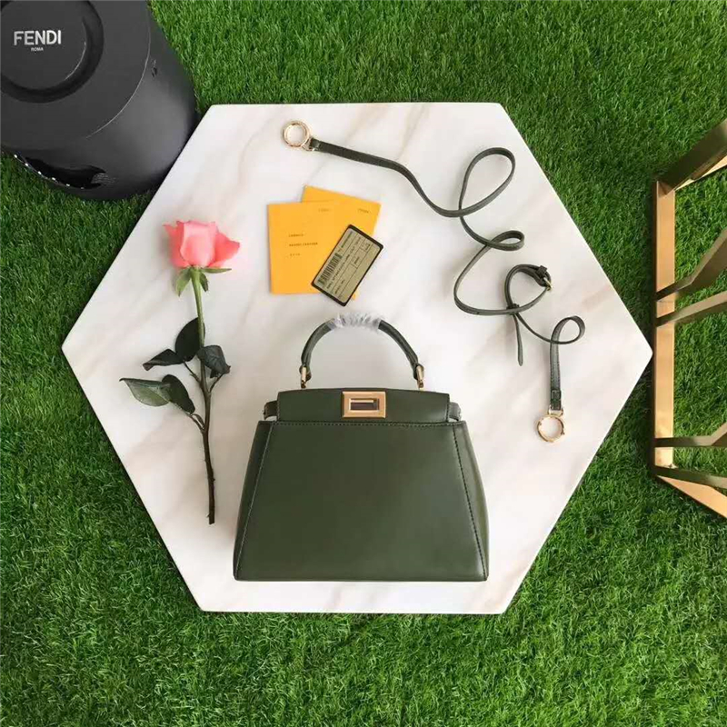 2590 FENDI 芬迪 軟羊皮革手提包 兩個內袋 金屬配件 軍綠色