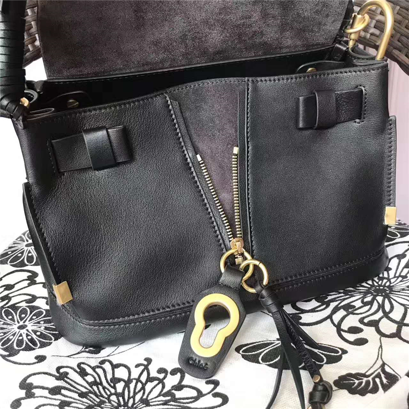 5655 Chloe 珂洛伊 Owen系列 金色鎖扣 進口牛皮 拼皮翻蓋包 黑色