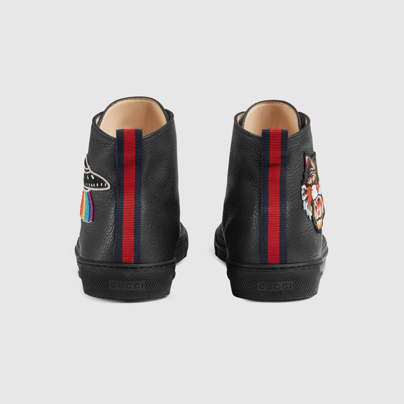 478180 GUCCI 刺繡貼花裝飾 皮革 男鞋 高幫運動鞋 黑色