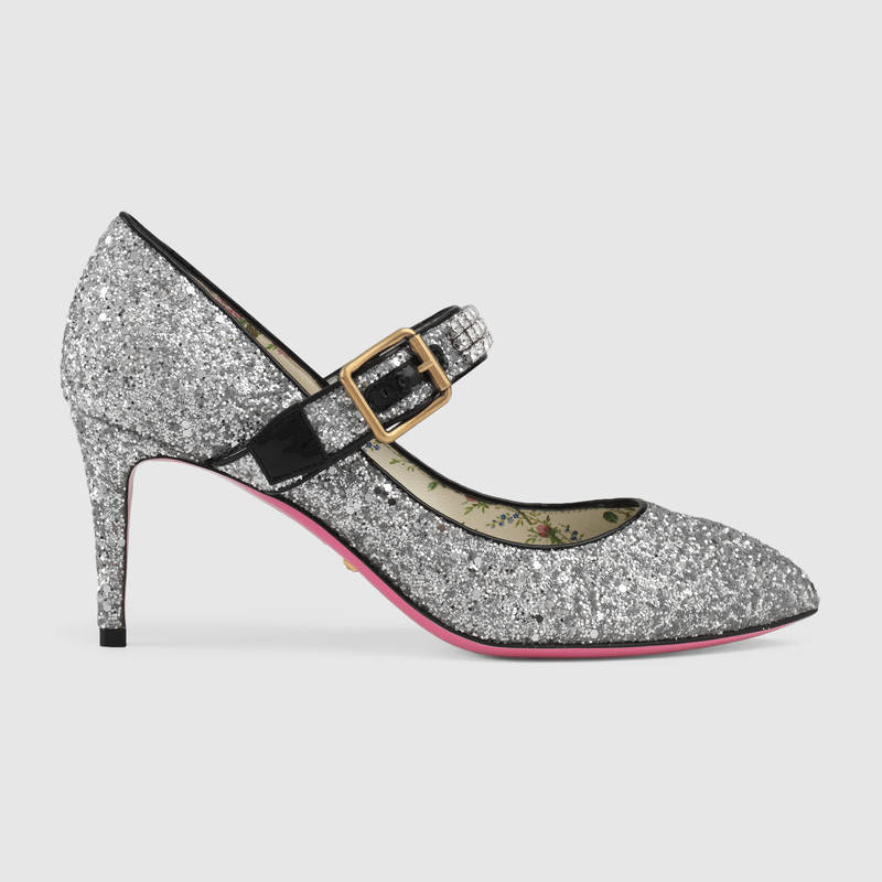 494234 GUCCI 水晶閃亮鞋帶 尖頭高跟鞋 銀色