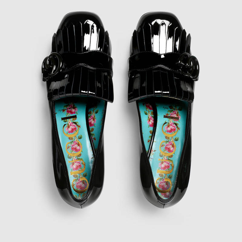 474510 GG Marmont 系列 漆皮 雙G 中跟淺口鞋 黑色