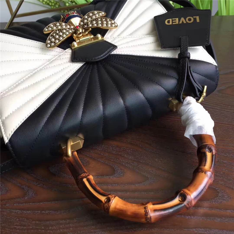 476531 GUCCI Queen Margaret 系列 絎縫皮革 手提包 黑白橫款
