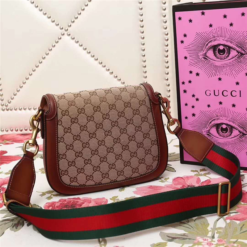 384821 Gucci 經(jīng)典復(fù)古 GG帆布牛皮 紅綠織帶 馬鞍包 啡色