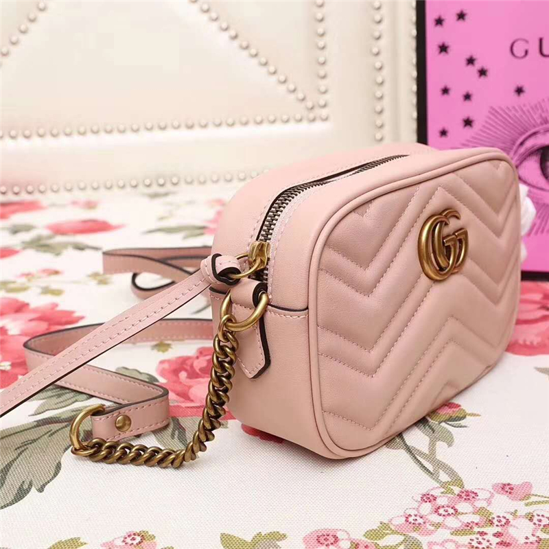 448065 GUCCI GG Marmont系列 絎縫 迷你手袋 鏈帶肩背包 粉色