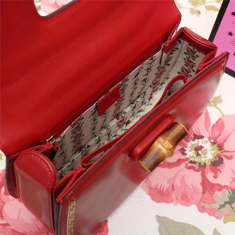 488800 GUCCI 翻蓋圓邊 花邊裝飾 竹節手柄 手提肩包 紅色