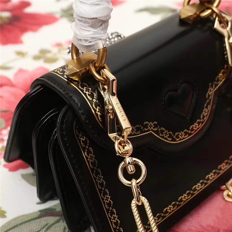 488667 Gucci 翻蓋 豹頭鑲鉆 竹節提手 鏈條手提風琴包 黑色