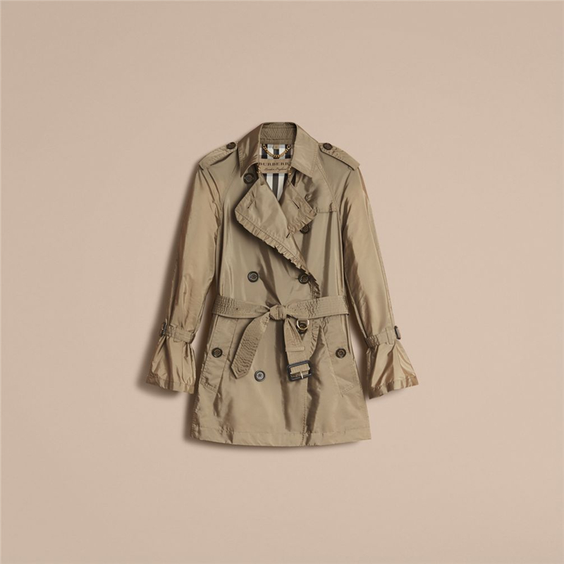40516111 巴寶莉 褶飾格紋 便攜式防雨 Trench 女士短款風衣 劍麻色