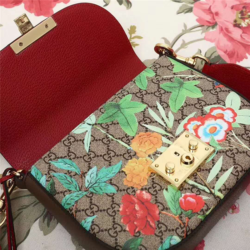 453189 Gucci Supreme Tian 花鳥印花 金扣 斜挎馬鞍包 烏木色