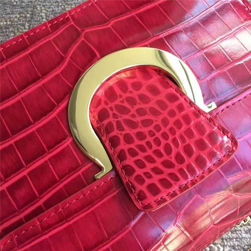 21F893 Ferragamo 菲拉格慕 半環搭扣 鱷魚紋 中號翻蓋 鏈條包 紅色