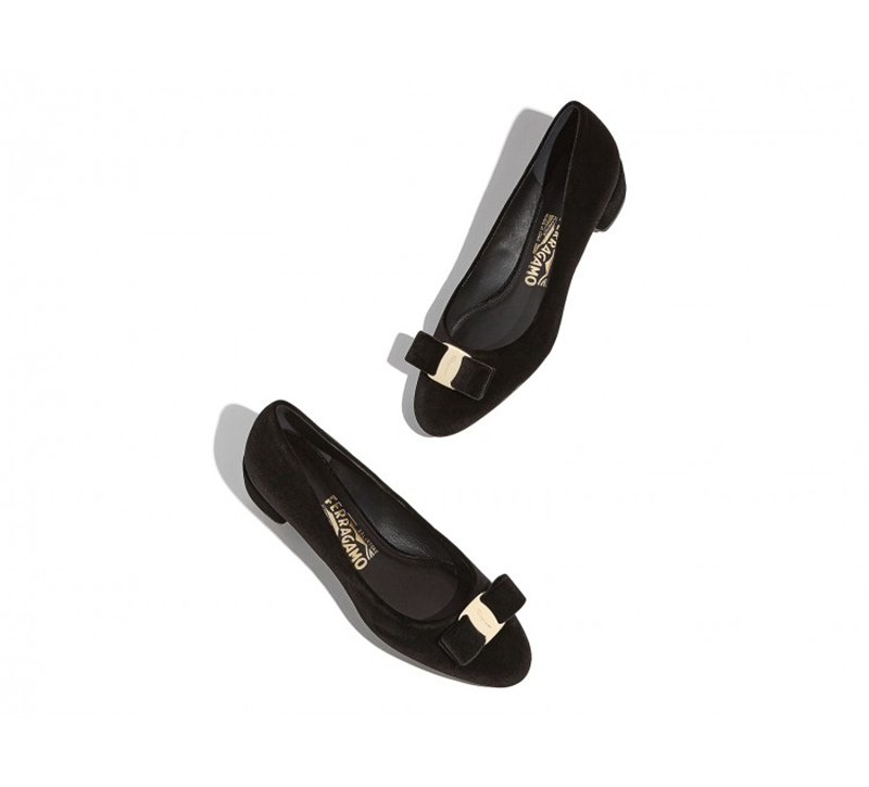 679021 Ferragamo菲拉格慕 VARA 絨布 羅緞蝴蝶結中跟鞋 黑色