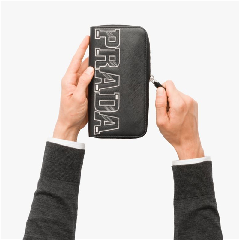 2ML317 Prada普拉達 Prada徽標字母嵌花 拉鏈長款錢包 黑白印花