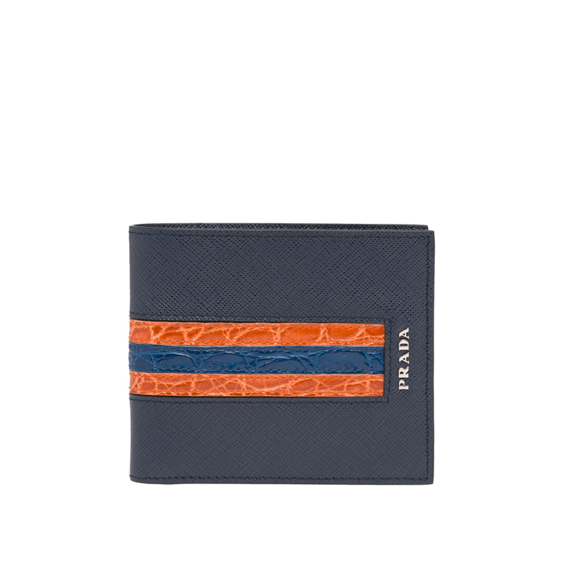 2MO513 Prada普拉達(dá) Saffiano配鱷魚皮 雙折短錢夾 橙拼藍(lán)