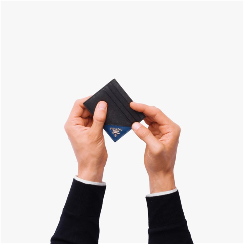 2MC223 Prada普拉達(dá) 皮革 嵌花裝飾 卡片夾 黑拼亮藍(lán)