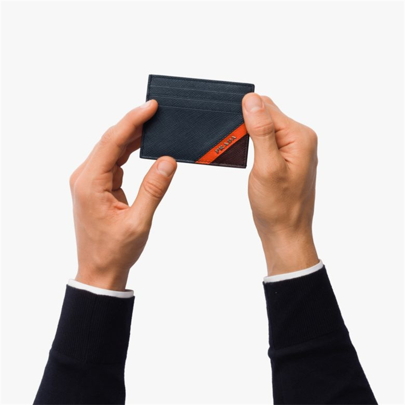 2MC223 Prada普拉達 皮革 嵌花裝飾 三色拼 卡片夾 海藍拼橙拼石榴紅