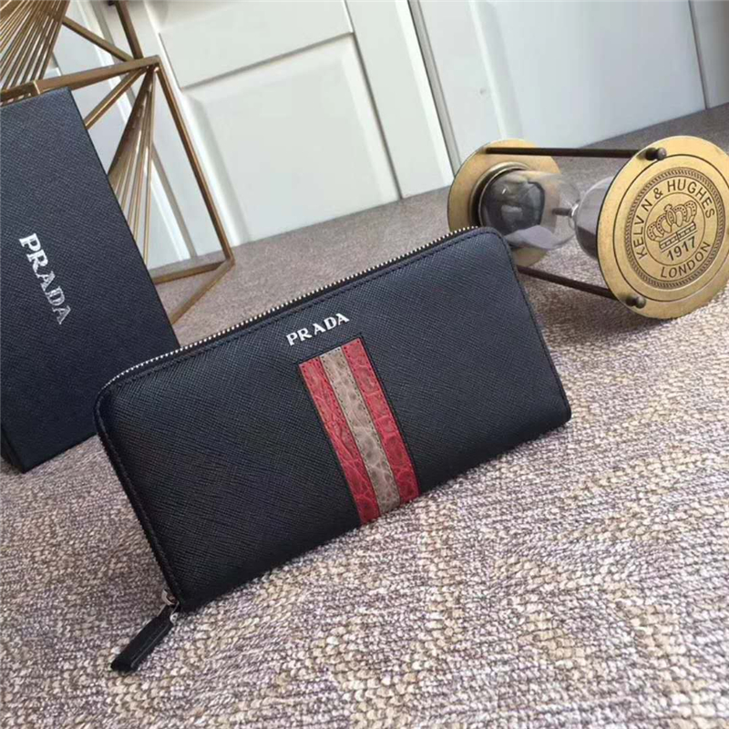 H317G Prada普拉達 十字紋牛皮配鱷魚皮 拉鏈長款夾 紅拼卡其