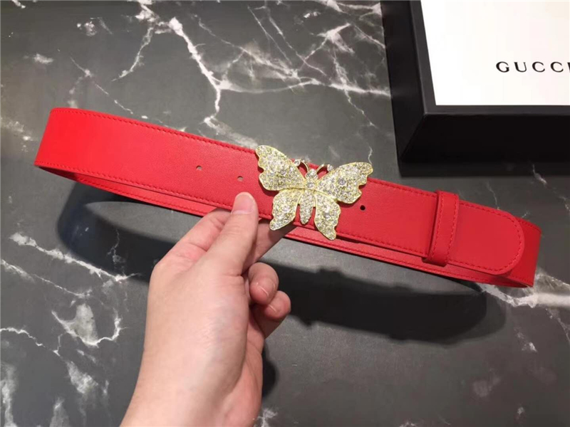 Gucci 2018新款 走秀款 原版牛皮 蝴蝶滿鉆扣頭 大紅色銀扣
