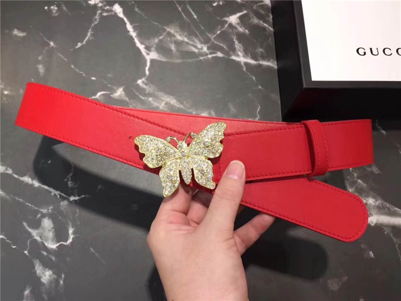 Gucci 2018新款 走秀款 原版牛皮 蝴蝶滿鉆扣頭 大紅色銀扣