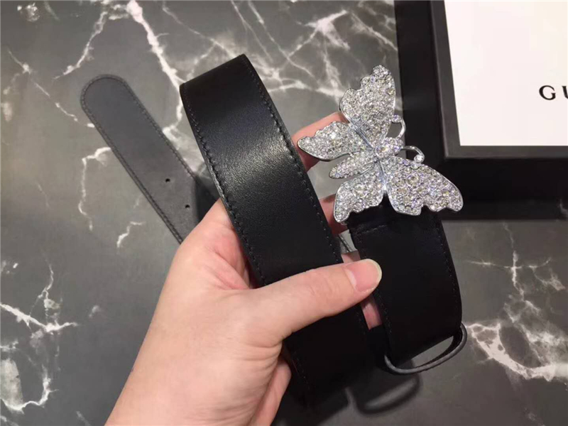 Gucci 2018新款 走秀款 原版牛皮 蝴蝶滿鉆扣頭 黑色銀扣