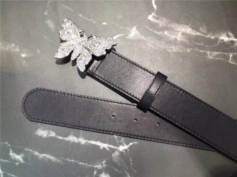 Gucci 2018新款 走秀款 原版牛皮 蝴蝶滿鉆扣頭 黑色銀扣