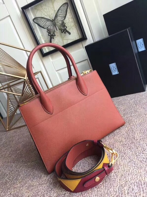 1BA102 Prada普拉達 最新款 拼色牛皮 女士手提袋 磚紅